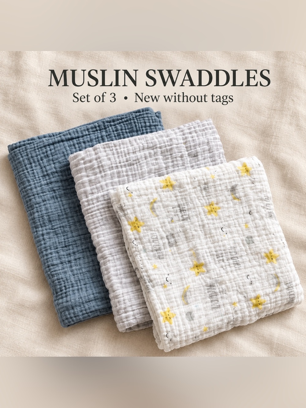Muslin Swaddle Set of 3 - NWOT Blue, White & Star Print